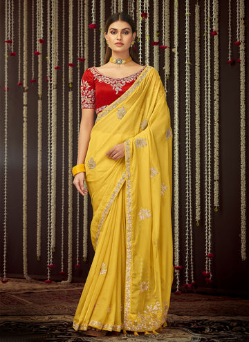 Yellow Color Organza Indian Wedding Saree With Red Blouse
